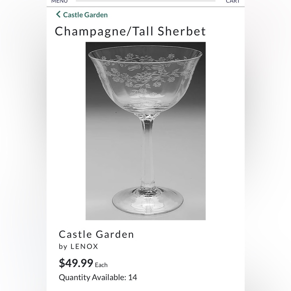 Lenox Castle Garden Crystal Etched Champagne/sherbet glass